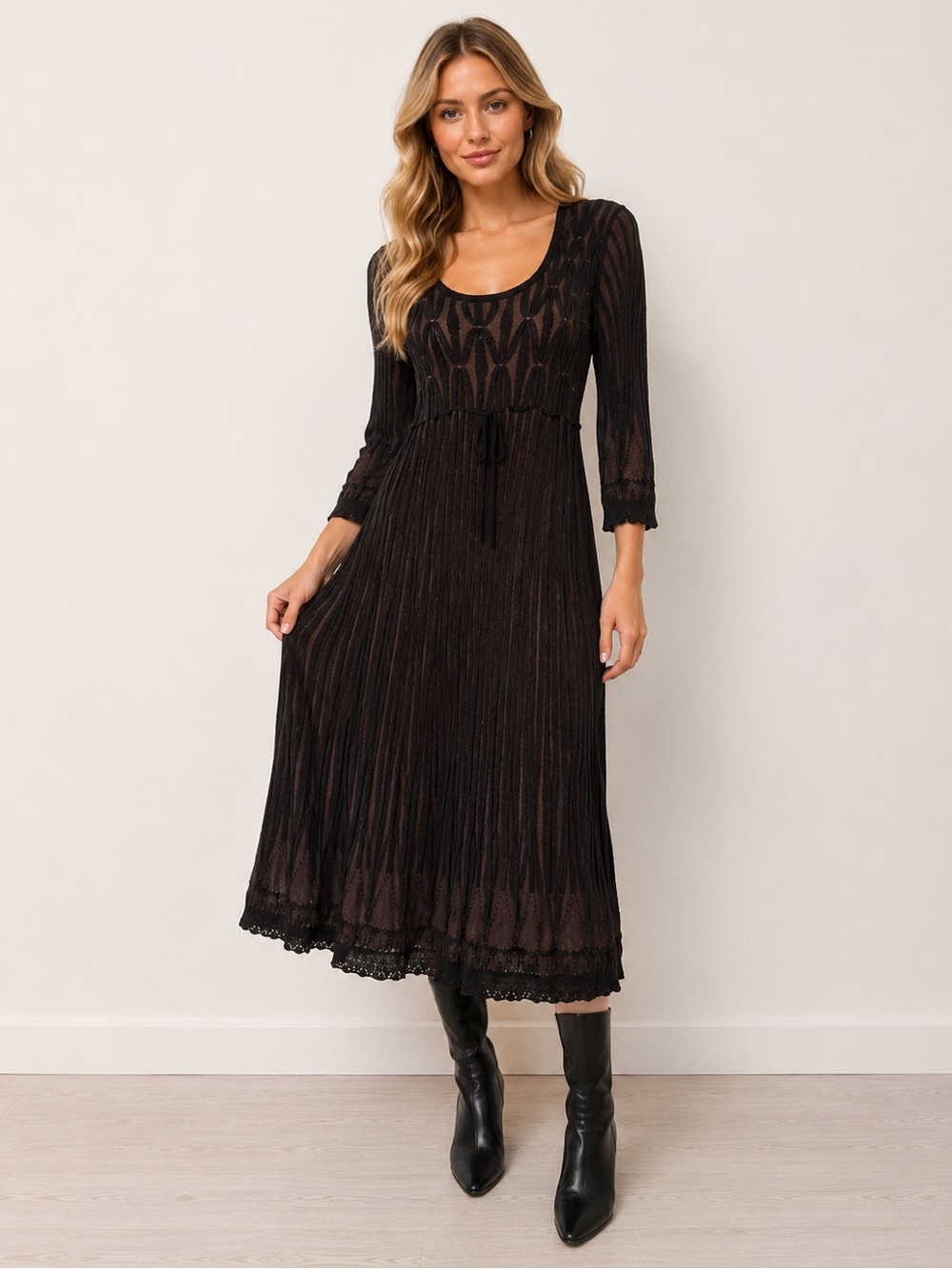 Studio M Knit Brown and Black Midi Dress